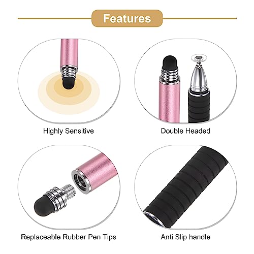 MECCANIXITY 2 in 1 Stylus Pens for Touch Screens Universal Capacitive Stylus Pen with 4 Fiber & 2 Disc Tip for Tablets Cell Phones Laptops, Pink