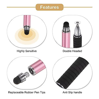 MECCANIXITY 2 in 1 Stylus Pens for Touch Screens Universal Capacitive Stylus Pen with 4 Fiber & 2 Disc Tip for Tablets Cell Phones Laptops, Pink
