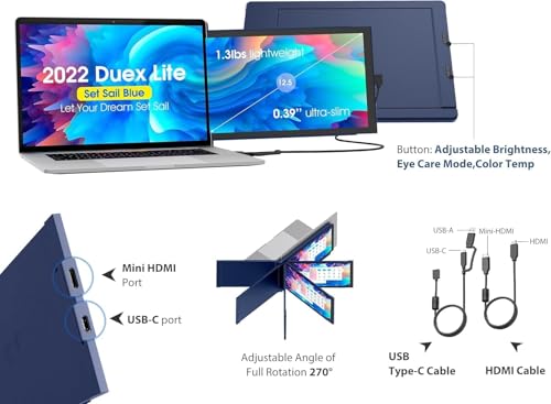 Duex Lite Mobile Pixels (2026 Version) 12.5" Portable Monitor, FHD 1080P Laptop Screen Extender HDMI Laptop Monitor USB C Plug and Play,Windows/Mac/Linux/Switch/Android - size: 12.5-inch