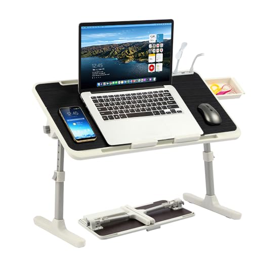Adjustable Laptop Desk for Bed & Sofa, Height and Angle Adjustable Lap Desk with USB Cooling Fan & LED Light, Foldable Portable Laptop Table Stand for Home, Floor, Adults & Kids, Black - color: Black