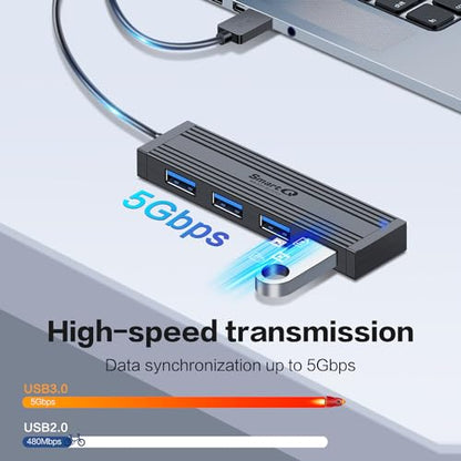 4-Port USB 3.0 Ultra-Thin Data Hub, High-Speed USB Port Expander for Laptop, MacBook, iMac, Surface Pro, XPS, Flash Drives, Mobile HDD, Printers, and More (Slim USB Hub - 4 ft)