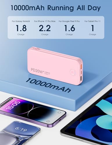 Nusyddy Portable Charger 10000mAh Fast Charging w/Built-in Wall Plug Pink | PD20W Fast Charging, LED Indicator, Pass Through Charging, TSA Approved, Compact/Slim, Power Bank for iPhone/iPad/Samsung - color: Pink