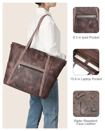 Large Laptop Tote Bag for Women Designer Leather Laptop Bag, 15.6in | Fashion Travel Backpack Purse Shoulder Handbag Fits 15.6 Laptop, Daily, Work, Business Trip, Weekend Travel, Teacher - color: Coffee Brown Retro Style