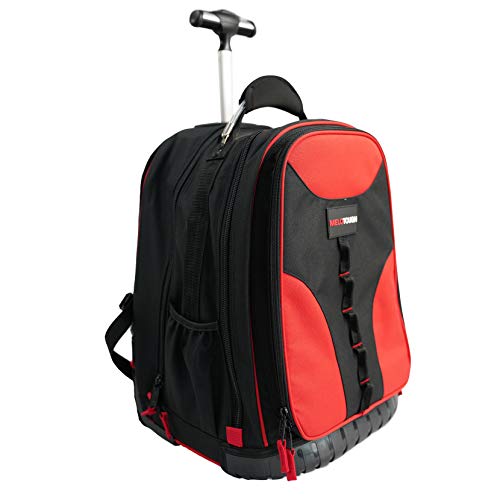 MELOTOUGH Wheeled Rolling Tool Backpack Heavy Duty Red | Heavy-Duty 600D, Red Polyester, Padded Laptop Sleeve, 37 Pockets for Tools, Smooth Rolling Wheels, Telescoping Handle - color: Red