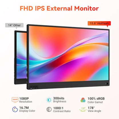 HotYeah Portable Laptop Monitor, 15.6" 1080P FHD USB-C HDMI Travel Monitor | FreeSync IPS External Computer Screen w/Kickstand, Extra External Display for Laptop PC Mac Phone Tablet Switch Xbox PS5 - size: 15.6"