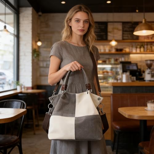 Women's Canvas Color Block Tote Bag Convertible Crossbody Hobo Handbag Lightweight Shoulder Bag for Daily Travel Work - color: Grey