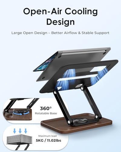 Viozon Laptop Stand for Desk, Adjustable Laptop Desk Stand with Wood Base Storage, 360° Rotating Swivel Computer Stand for Laptop, Ventilated Cooling Desktop Holder Fits up to 15.6" Notebooks/Laptops