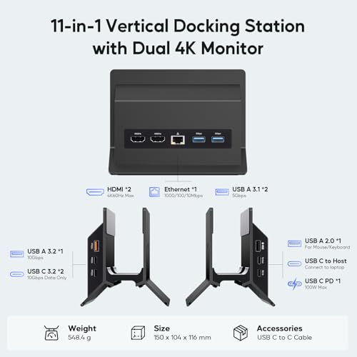 USB C Laptop Docking Station Dual Monitor, 11 in 1 Vertical Dock with 2 HDMI 4K, 3 USB A/C 10Gbps, 2USB-A 5Gbps, USB A 2.0, Ethernet, Docking Station Stand for Type-C Laptops - Black