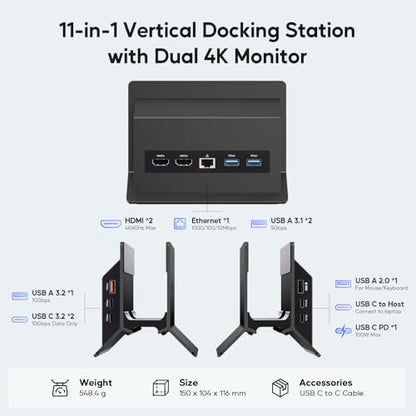 USB C Laptop Docking Station Dual Monitor, 11 in 1 Vertical Dock with 2 HDMI 4K, 3 USB A/C 10Gbps, 2USB-A 5Gbps, USB A 2.0, Ethernet, Docking Station Stand for Type-C Laptops - Black