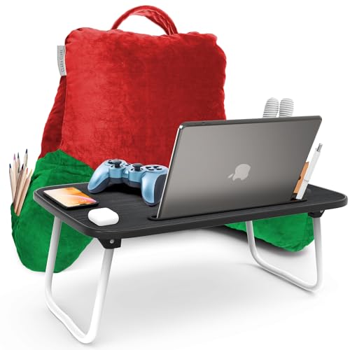 Clara Clark Reading Pillow with Portable Lap Desk Set for Kids, Back Pillow for Sitting Up in Bed, Memory Foam Back Support Pillow, Bed Rest Pillow with Foldable Laptop Desk, Small - Holiday Color - color: Holiday Color, size: Petite/Small