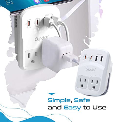 Ceptics World Travel Adapter Kit 2 USB-A, USB-C US Outlets, 20W/QC 18W Power Delivery, Surge Protection, SWADAPT Compatible for Europe, UK, China, Australia, Japan Perfect Laptop (WPS-5B) - color: white