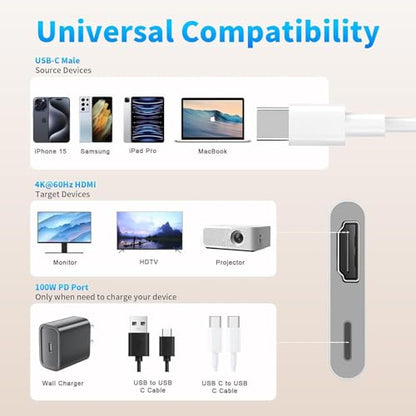 USB C to HDMI Adapter, 4K@60Hz Type C to HDMI with 100W PD Fast Charging Port Video & Audio Sync Screen Converter Digital AV Adapter Compatible with iPhone 17 16/16 Pro/16 Pro Max/15/15 Pro/15 Pro Max