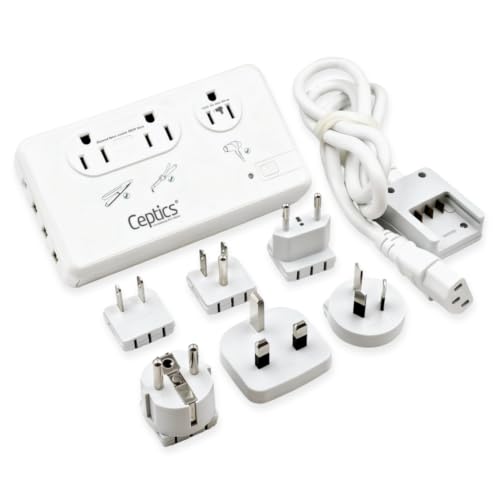 Ceptics 220V to 110V Travel Voltage Converter for Hair Dryer, 2000W & 200W outlets for Dryers, Curling Iron, Straightener, Chargers, Step Down, 4 USB Ports (1x USB-C) with 6 SWadApt attachments - color: Paper White