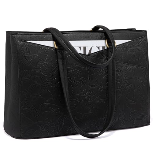 LOVEVOOK Laptop Bag for Women,15.6 Inch Laptop Tote Bag for Women,Vintage Leather Work Tote Bags Computer Business Teacher Bag,Waterproof Office Briefcase - color: Black Embroidery, size: 15.6 inch