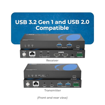 OREI USB Cat6 Extender, 2X Dual USB-C RS-232 Two-Way PoC Audio De-embedding | USB Extender Over Ethernet, USB Extender Over CAT5 – 5Gbps, Dual HDMI 4K60, Auto/Manual Host Switching, 3.5mm Audio - size: Upto 330 ft