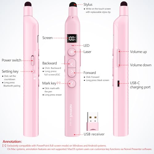 N21 Bluetooth Presentation Clicker for PowerPoint with Retractable Pointer | ①Green laser ②Telescopic touch pen ③Countdown timer, vibration alert ④Customizable Button ⑤Rechargeable;battery level display - color: Pink - Green Pointer