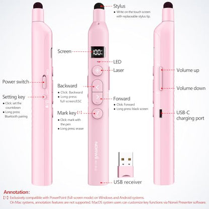 N21 Bluetooth Presentation Clicker for PowerPoint with Retractable Pointer | ①Green laser ②Telescopic touch pen ③Countdown timer, vibration alert ④Customizable Button ⑤Rechargeable;battery level display - color: Pink - Green Pointer