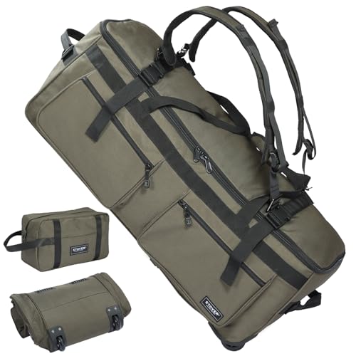 45/80/100L U-Zip Rolling Duffel Bag with Wheels, X-Large Durable Travel Duffle + Toiletry Bag, Lay-Flat Opening, Packable w/Shoulder Straps- Use as Luggage or Backpack, Men/Women (Green) - color: U-Zip Green