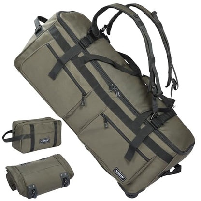 45/80/100L U-Zip Rolling Duffel Bag with Wheels, X-Large Durable Travel Duffle + Toiletry Bag, Lay-Flat Opening, Packable w/Shoulder Straps- Use as Luggage or Backpack, Men/Women (Green) - color: U-Zip Green