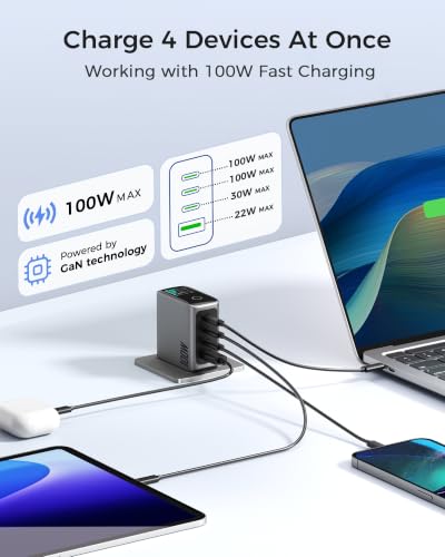 USB C Charger Block 100W, 4-Port GaN Fast Wall Charger with Smart Display, Compact Adapter with Touch Control for MacBook, iPhone 17/16Series, iPad Pro,Galaxy S25/S24,Pixel, Laptop,and More