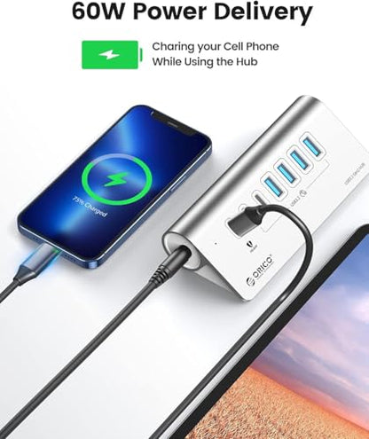 ORICO 7-Port USB 3.2 Gen2 Hub, Powered USB 3.2 Hub with 4 USB-A, 2 USB-C, PD 60W, 72W Power Adapter, 10Gbps Aluminium USB-Splitter with 3.28Ft USB-C to USB-C Cable for iMac, MacBooks, Mac mini - size: 100cm, style: M3U4C3
