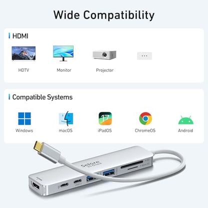 USB C Hub HDMI Adapter for MacBook Pro/Air, 7 in 1 USBC Dongle with HDMI, microSD/SD Card Reader, USB C Data Port,100W PD, and 2 USB 3.0 Compatible for MacBook Pro/Air, Dell XPS, Lenovo Thinkpad. - color: Silver