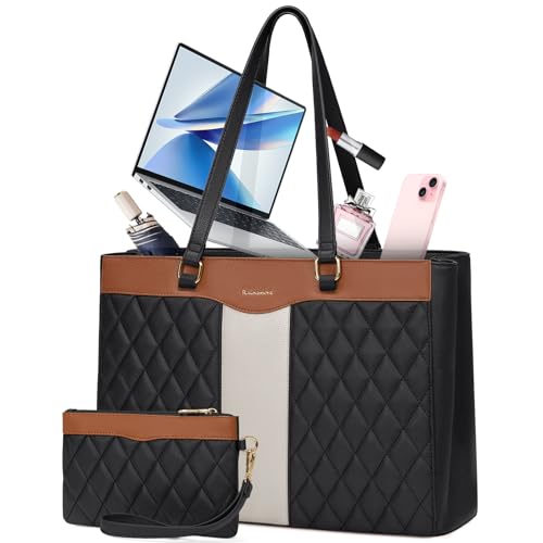 RAINSMORE Laptop Bag for Women 15.6 Inch Work Tote Bags Leather Laptop Tote Professional Laptop Purse Computer Handbag Womens Briefcase Tote with Clutch for Teacher Office Travel, Black Brown & White - color: Black With Brown and White