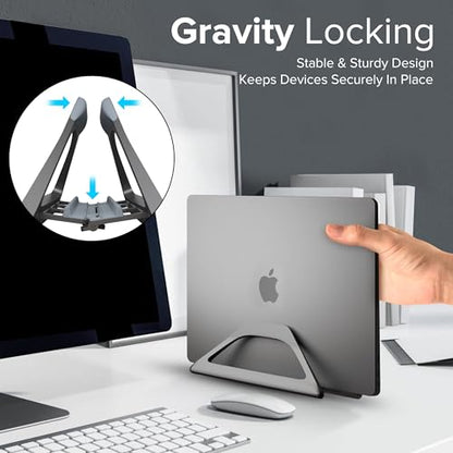 Aluminum Vertical Laptop Stand with Gravity Auto-Lock – Adjustable Laptop Holder Vertical fits MacBook Pro/Air, Chromebook & Gaming Laptops up to 17.3" – Space-Saving Desktop Dock - Grey - color: Grey