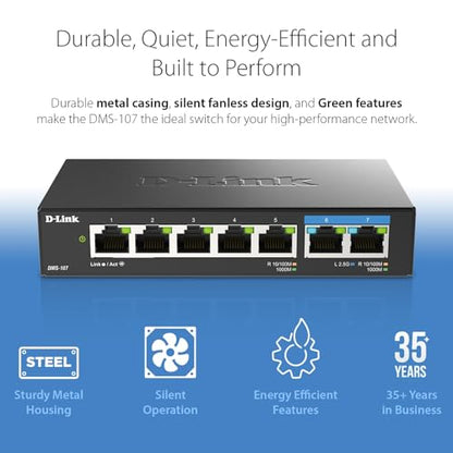 D-Link 7-Port 2.5GB Unmanaged Gaming Switch with 2 x 2.5G, 5 x 10/100/1000 Mbps - Multi-Gig, Network, Fanless, Plug & Play (DMS-107) Black - size: 2 Port 2.5Gb + 5 Port 1Gb