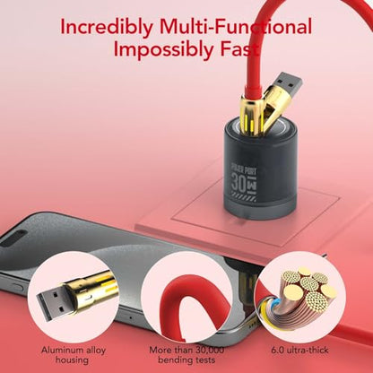 MFish 240W 4-in-1 Charging Cable with Carrying Case, 6.6FT Fast Charger USB-A & USB-C to USB-C/Lightning, for iPhone 17/16/15/14, MacBook, iPad, Samsung S25/S24 (Red, 6.6Ft) - color: Red, size: 6.6Ft