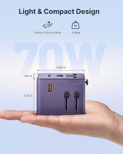 VINTAR 70W GaN Universal Travel Adapter, 5 in 1 with 3 USB-C PD& 1 USB-A QC | International Power Adapter with 70W GaN Fast Charging, All-in-one for EU UK USA AUS, Worldwide Travel Essentials, Purple - color: 70W Purple