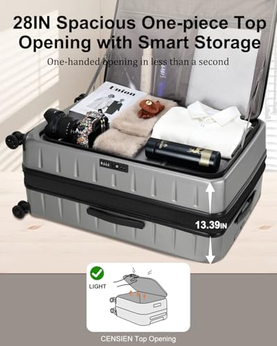 CENSIEN Luggage Sets 2 Pieces, 20 Inch Carry On Luggage and Expandable 28 Inch Checked Luggage with Spinner Wheels, Lightweight ABS+PC Hard Shell Suitcase with Front Opening, TSA Lock (Gray, 20/28) - color: Gray, size: 2-Piece Set (20/28)