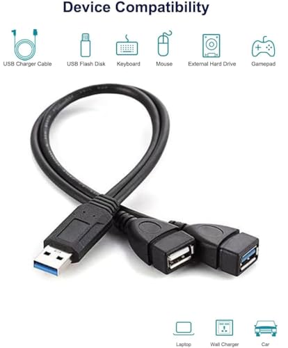 Eanetf USB 3.0 Female to Dual USB Male Splitter Cable, 2 Pack | USB 3.0 female + USB 2.0 female splitter, 2 pack, 1ft cable, For U-disk/hard drive/network card, USB 3.0 only for 3.0 devices
