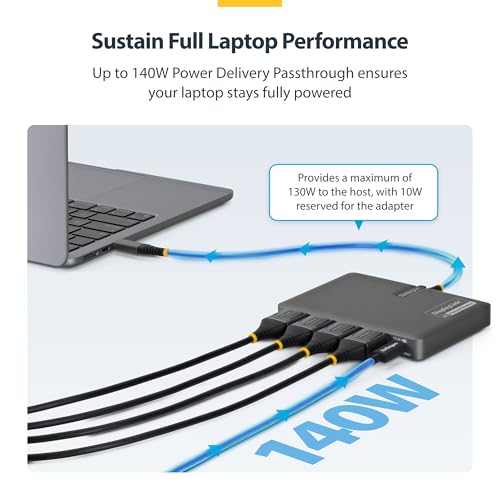 StarTech USB-C to Quad DisplayPort Workstation Dock, 4K 60Hz, 4K 120Hz, TAA | 140W PD passthrough, DisplayLink DL7400, Keyboard & mouse, Mac M1-M5, USB4, Thunderbolt, Four DP monitors, Windows, 4K60