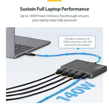 StarTech USB-C to Quad DisplayPort Workstation Dock, 4K 60Hz, 4K 120Hz, TAA | 140W PD passthrough, DisplayLink DL7400, Keyboard & mouse, Mac M1-M5, USB4, Thunderbolt, Four DP monitors, Windows, 4K60