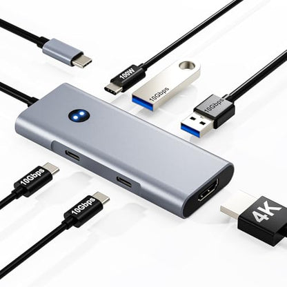USB C Hub 6-in-1 USB Hub, 4K HDMI USB-C Multiport Adapter | 4K@60Hz HDMI, 2 USB-C & 2 USB-A 10Gbps, 100W PD, Privacy Button, for Mac/Windows/Tablets