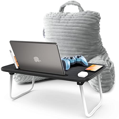 Nestl Light Grey Reading Pillow with Bed Desk for Laptop and Writing, Luxe Cut Plush Back Pillow for Sitting Up, Back and Arms Adjustable Support for Kids and Teens, Foldable Lap Desk for Bed 19x11” - color: 08- Light Grey, size: Small 14"