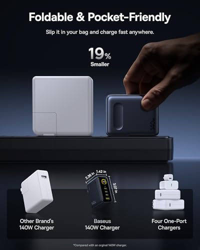 Baseus Picogo 140W USB C Charger, 4-Port Multi-Device Fast Charging Laptop Charger with Smart Display & Touch Control, GaN Power Adapter for MacBook Pro, iPhone 17/16, Pixel, Steam Deck - size: 140W