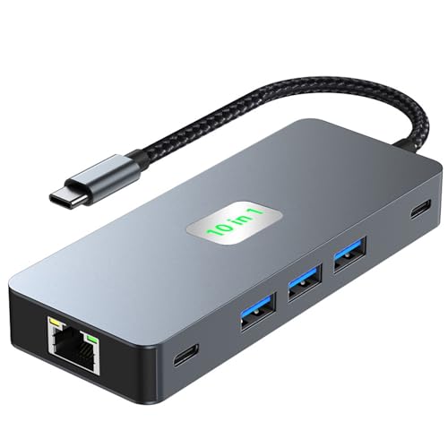 USB C to Dual Monitor DockingStation, USB C to Dual HDMI(4K@60Hz) Multiport Adapter, Thunderbolt 3 Hub (10 in 1 2HDMI 4K60Hz+ RJ45) - size: 10 in 1 2HDMI 4K60Hz+ RJ45