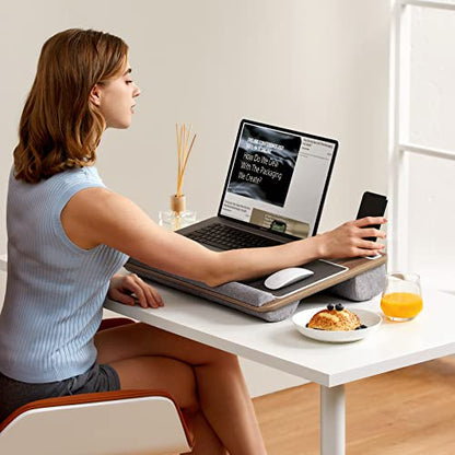 HUANUO Lap Desk - Fits up to 17 inches Laptop Desk, Built in Mouse Pad & Wrist Pad for Notebook, Laptop, Tablet, Lap Stand with Tablet, Pen & Phone Holder, Brown Woodgrain - color: Brown Woodgrain