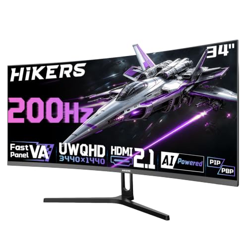 Hikers 34 Inch Curved Gaming Monitor UWQHD 200Hz HDMI 2.1×2 & DP 1.4×1 | Ultrawide 3440×1440 Monitor, 21:9 PIP/PBP Fast VA MPRT 1ms 131% sRGB AI Crosshair (G34H1Q, Includes One HDMI 2.1 Cable) - size: 34 inch