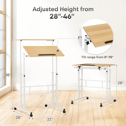 Athena Collection Rolling Standing Desk Small Mobile Table, Natural | 4 Lockable Wheels, Engineered Wood Split Top, Adjustable Height for Home Office Computer Workstation - color: Natural