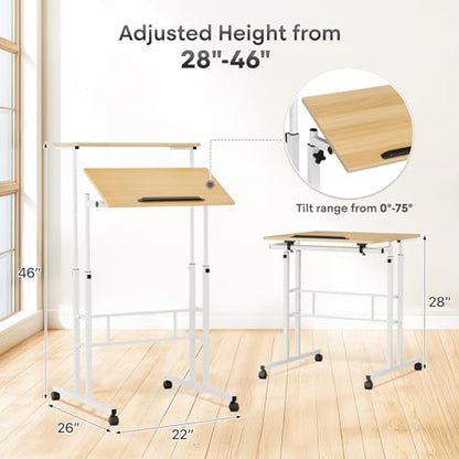 Athena Collection Rolling Standing Desk Small Mobile Table, Natural | 4 Lockable Wheels, Engineered Wood Split Top, Adjustable Height for Home Office Computer Workstation - color: Natural