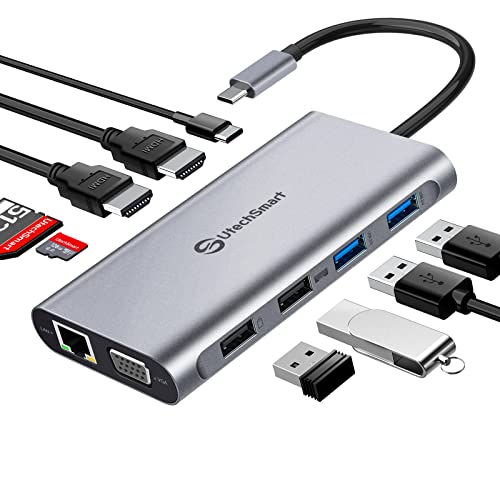 USB C Docking Station Dual Monitor, UtechSmart 11 in 1 USB C Hub Triple Display, Laptop Dock with 2 HDMI, Ethernet, VGA, 100W PD, SD/TF Card Slot, 4USB for MacBook Dell HP Surface Lenovo ASUS - color: Gray, size: 11 in 1