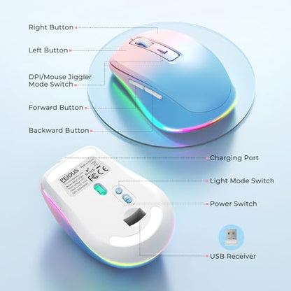 PEIOUS Wireless Mouse Jiggler - Keep Computers Awake, Blue to Pink | Rechargeable LED Mouse, Silent Clicks, Adjustable DPI and Random Movement Keep Computers Awake for Laptop/PC/Mac - color: Blue to Pink