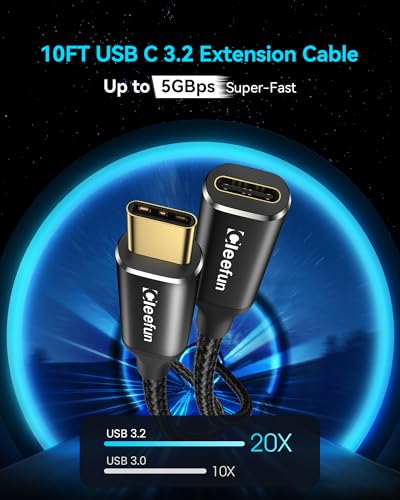 CLEEFUN 10ft USB C Extension Cable, 3.2 Male to Female, 5Gbps Data & 4K Video Sync, 100W Fast Charging for USBC Hub, Laptop, Tablet, Phone - color: Black, size: 10ft