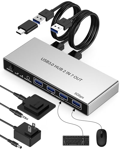 USB 3.0 Switch for 2 Computers, Sharing 4 USB-A & 3 USB-C Devices - 7 Port USB Switcher Selector to Share Keyboard, Mouse, USB Flash Drive, Printer, Scanner, with 2 USB 3.0 Cables and Controller