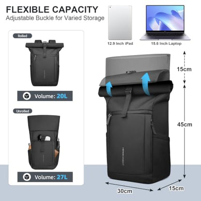 Rolltop Laptop Backpack, Expandable 20-27L Travel Backpack for Men Women | Water-Resistant Casual Daypack with Quick-access Rear Zipper for 15.6 inch Computer, Laptop Bag for Commute/College/Hiking