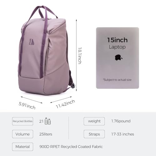 INUK Travel Laptop Backpack, 25L Recycled Waterproof Light Daypack | Dual laptop pockets, soft light foam straps, recycled wear-resistant fabric, water repellent coating, Purple - color: Misty Purple