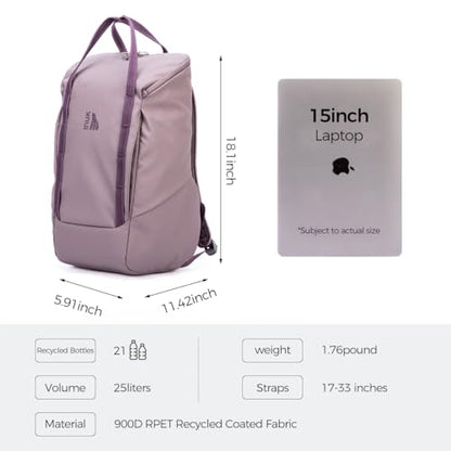 INUK Travel Laptop Backpack, 25L Recycled Waterproof Light Daypack | Dual laptop pockets, soft light foam straps, recycled wear-resistant fabric, water repellent coating, Purple - color: Misty Purple